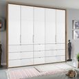 Rauch Erimo 254cm 5 Door Wardrobe with 9 Drawer - Artisan Oak and Crystal White Glass