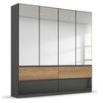 Winnipeg Wardrobe - 181cm - 4 Door - Mirror - with Lighting - High Gloss Metallic Dark Grey & Halifax Oak