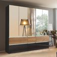 Winnipeg Wardrobe - 226cm - 5 Door - Mirror - with Lighting - High Gloss Metallic Dark Grey & Halifax Oak