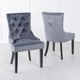 Lion Knocker Back Grey Velvet Fabric Dining Chair with Black Wooden Legs