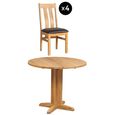 Appleby Round Drop Leaf Dining Set - 4 Seater - 30cm-90cm - Oak - with 4 Arizona Slatted Chairs - Black Faux Leather Seat Pad