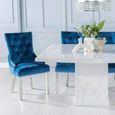 Turin Dining Set - 8 Seater - 140cm - Square - White Marble - Lion Head Ring Back Dining Chairs - Blue Fabric - Chrome Legs
