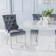 Turin Dining Set - 8 Seater - 140cm - Square - White Marble - Lion Head Ring Back Dining Chairs - Grey Fabric - Chrome Legs