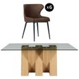 Newton Dining Set - 6 Seater - 180cm - Smoked Glass and Natural - 6 Langley Brown Faux Leather Chair