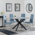 2 x Free Chairs - Novara Dining Set - 4 Seater - 130cm - Round - White Ceramic - 2x Lido Dining Chairs - Blue Fabric - Chrome Legs