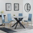 2 x Free Chairs - Novara Dining Set - 4 Seater - 130cm - Round - White Ceramic - 2x Lido Dining Chairs - Blue Fabric - Gold Legs