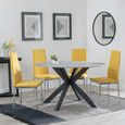 2 x Free Chairs - Novara Dining Set - 4 Seater - 130cm - Round - White Ceramic - 2x Lido Dining Chairs - Yellow Fabric - Chrome Legs
