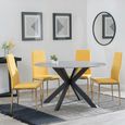 2 x Free Chairs - Novara Dining Set - 4 Seater - 130cm - Round - White Ceramic - 2x Lido Dining Chairs - Yellow Fabric - Gold Legs