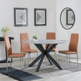 2 x Free Chairs - Novara Dining Set - 4 Seater - 130cm - Round - White Ceramic - 2x Metro Dining Chairs - Burnt Orange Leather - Chrome Legs