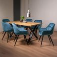 Ramsay Oak Dining Table Set - 6 Seater - 160cm - X Leg - 6 Dali Petrol Blue Velvet Chairs