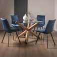 Turin Glass Dining Table Set - 4 Seater - 120cm - Round - Light Oak Legs - 4 Fontana Blue Velvet Chairs