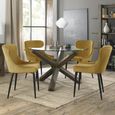 Turin Glass Round Dining Table - 4 Seater - 120cm - Dark Oak Legs - 4 Cezanne Mustard Velvet Chairs - Black Legs