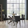 Turin Glass Round Dining Table - 4 Seater - 120cm - Dark Oak Legs - 4 Gun Metal Velvet Low Back Chairs