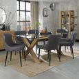 Turin Glass Dining Table Set - 6 Seater - 180cm - Light Oak Legs - 6 Cezanne Dark Grey Faux Leather Chairs - Black Legs