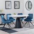 Carrara White Ceramic 4 Seater Round Extending Dining Set - 4 Arctic Blue Velvet Fabric Swivel Dining Chair