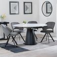 Carrara White Ceramic 4 Seater Round Extending Dining Set - 4 Ion Dark Grey Velvet Fabric Swivel Dining Chair