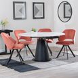 Carrara White Ceramic 4 Seater Round Extending Dining Set - 4 Ion Orange Velvet Fabric Swivel Dining Chair