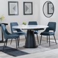 Carrara White Ceramic 4 Seater Round Extending Dining Set - 4 Peyton Blue Fabric Dining Chair
