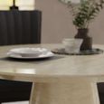 Carrera Travertine Beige Engineered Marble Round Dining Set - 4 Cadiz Black Leather Dining Chair