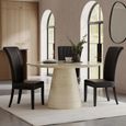 Carrera Travertine Beige Engineered Marble Round Dining Set - 4 Cadiz Black Leather Dining Chair