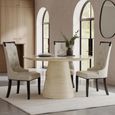 Carrera Travertine Beige Engineered Marble Round Dining Set - 4 Carmela Cream Leather Dining Chair