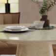 Carrera Travertine Beige Engineered Marble Round Dining Set - 4 Paris Taupe Leather Dining Chair with Brown Legs