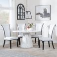Carrera 4 Seater White Marble Round Dining Set - 4 Cadiz White Leather Dining Chair