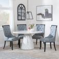Carrera 4 Seater White Marble Round Dining Set - 4 Carmela Grey Leather Dining Chair