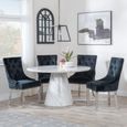 Carrera 4 Seater White Marble Round Dining Set - 4 Knocker Back Black Velvet Fabric Dining Chair with Chrome Legs