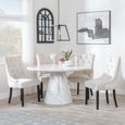 Carrera 4 Seater White Marble Round Dining Set - 4 Knocker Back Champagne Velvet Fabric Dining Chair with Black Wooden Legs