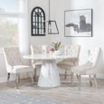 Carrera 4 Seater White Marble Round Dining Set - 4 Knocker Back Champagne Velvet Fabric Dining Chair with Chrome Legs
