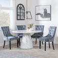 Carrera 4 Seater White Marble Round Dining Set - 4 Knocker Back Grey Velvet Fabric Dining Chair with Black Wooden Legs