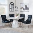 Carrera 4 Seater White Marble Round Dining Set - 4 Lion Knocker Back Black Velvet Fabric Dining Chair with Chrome Legs