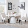 Carrera 4 Seater White Marble Round Dining Set - 4 Lion Knocker Back Champagne Velvet Fabric Dining Chair with Black Wooden Legs