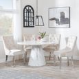 Carrera 4 Seater White Marble Round Dining Set - 4 Lion Knocker Back Champagne Velvet Fabric Dining Chair with Chrome Legs