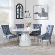 Carrera 4 Seater White Marble Round Dining Set - 4 Lion Knocker Back Grey Velvet Fabric Dining Chair with Chrome Legs