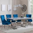 Glacier Grey Marble and Chrome Dining Set - Lion Knocker Back Blue Velvet Fabric Dining Chair with Chrome Legs