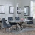 Lisbon Grey Marble and Chrome Dining Set - Lion Knocker Back Grey Velvet Fabric Dining Chair with Chrome Legs