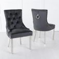 Louis 4 Seater Grey Marble and Chrome Square Dining Set - 4 Knocker Back Black Velvet Fabric Dining Chair with Chrome Legs