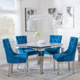 Louis 4 Seater Grey Marble and Chrome Square Dining Set - 4 Knocker Back Blue Velvet Fabric Dining Chair with Chrome Legs