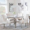 Louis 4 Seater Grey Marble and Chrome Square Dining Set - 4 Knocker Back Champagne Velvet Fabric Dining Chair with Chrome Legs