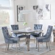 Louis 4 Seater Grey Marble and Chrome Square Dining Set - 4 Knocker Back Grey Velvet Fabric Dining Chair with Chrome Legs
