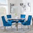 Louis 4 Seater Grey Marble and Chrome Square Dining Set - 4 Lion Knocker Back Blue Velvet Fabric Dining Chair with Chrome Legs