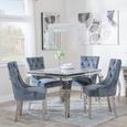 Louis 4 Seater Grey Marble and Chrome Square Dining Set - 4 Lion Knocker Back Grey Velvet Fabric Dining Chair with Chrome Legs