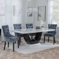 Madrid White Marble Dining Set - Lion Knocker Back Grey Velvet Fabric Dining Chair with Black Wooden Legs