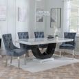Madrid White Marble Dining Set - Lion Knocker Back Grey Velvet Fabric Dining Chair with Chrome Legs