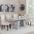 Milan Grey Marble Dining Set - Lion Knocker Back Champagne Velvet Fabric Dining Chair with Black Wooden Legs