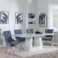Milan White Marble Dining Set - Knocker Back Grey Velvet Fabric Dining Chair with Chrome Legs
