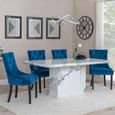 Naples White Marble Dining Set - Knocker Back Blue Velvet Fabric Dining Chair with Black Wooden Legs