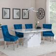 Naples White Marble Dining Set - Knocker Back Blue Velvet Fabric Dining Chair with Chrome Legs